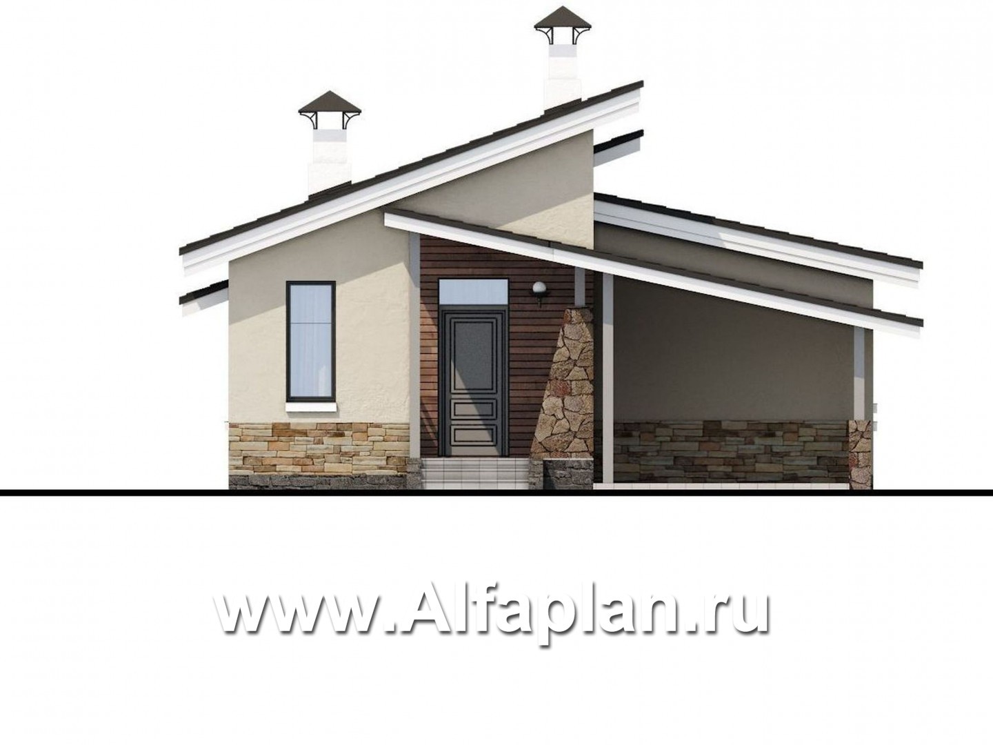 Проекты домов Альфаплан - «Дриада» - проект одноэтажного дома, с террасой, с навесом на 1 авто, в современном стиле - изображение фасада №1