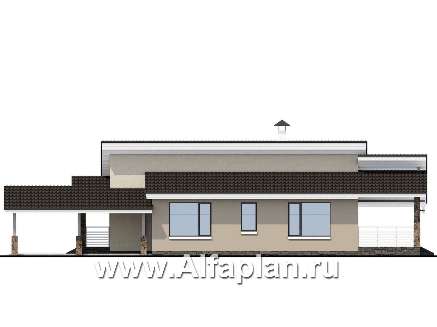 Проекты домов Альфаплан - «Дриада» - проект одноэтажного дома, с террасой, с навесом на 1 авто, в современном стиле - изображение фасада №2