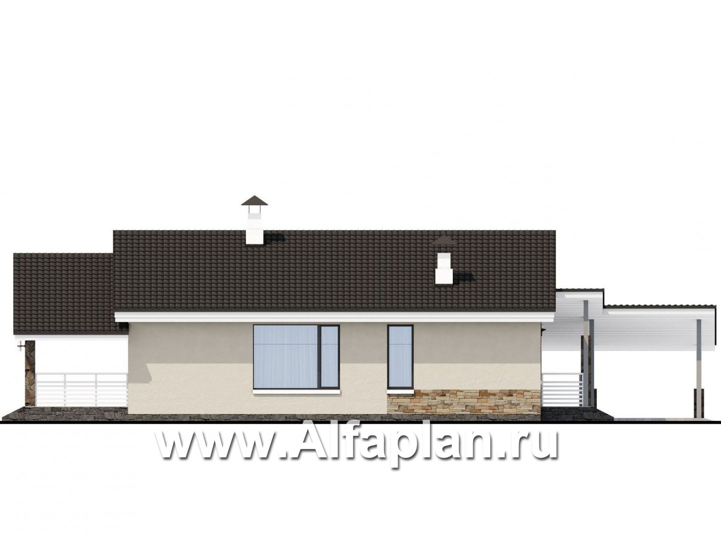 Проекты домов Альфаплан - «Дриада» - проект одноэтажного дома, с террасой, с навесом на 1 авто, в современном стиле - изображение фасада №3