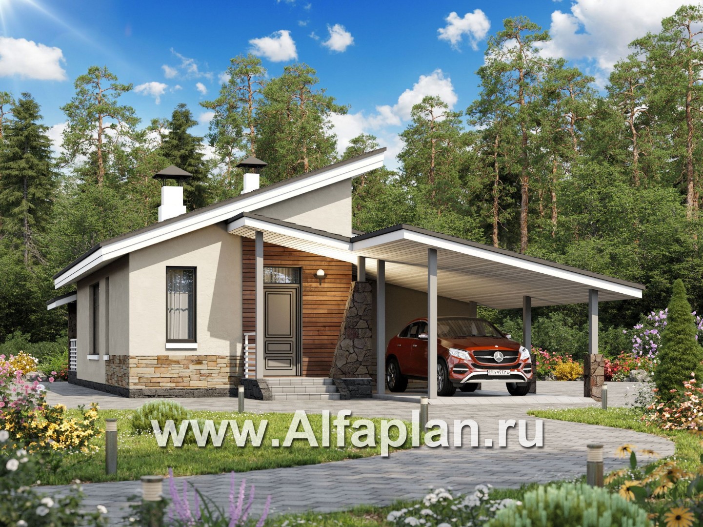 Проекты домов Альфаплан - «Дриада» - проект одноэтажного дома, с террасой, с навесом на 1 авто, в современном стиле - основное изображение