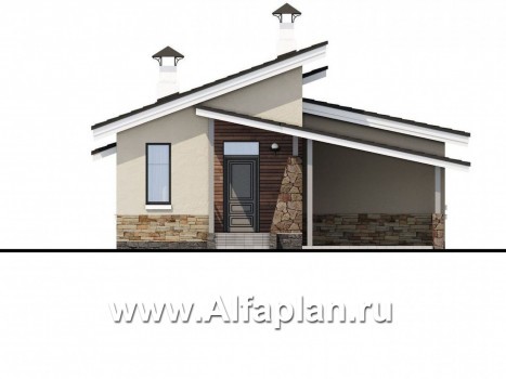 Проекты домов Альфаплан - «Дриада» - проект одноэтажного дома, с террасой, с навесом на 1 авто, в современном стиле - превью фасада №1