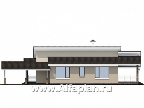Проекты домов Альфаплан - «Дриада» - одноэтажный дом с гаражом-навесом - превью фасада №2