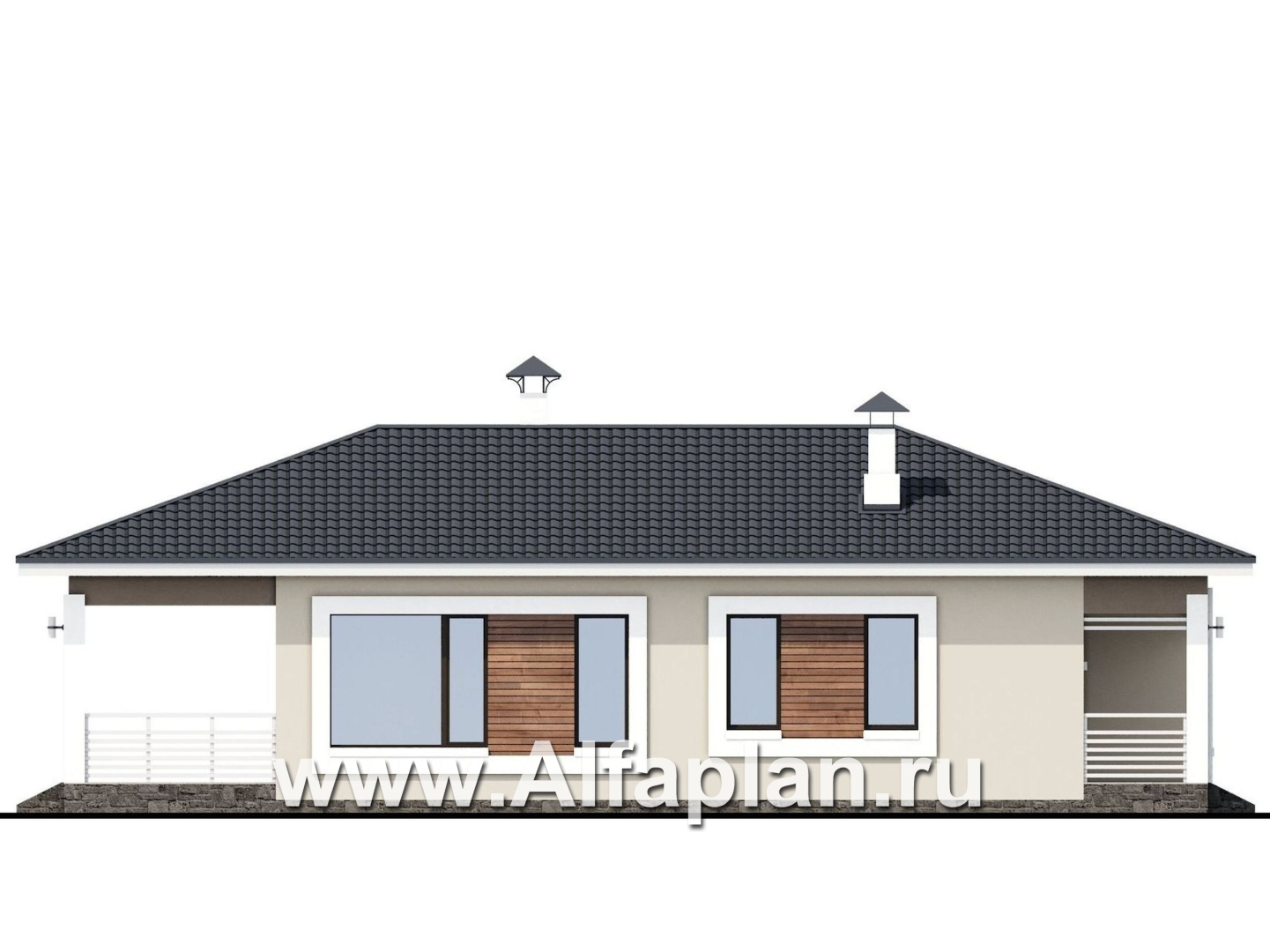 «Каллиопа» - проект одноэтажного дома для узкого участка, 2 спальни, с террасой, в современном стиле - фасад дома