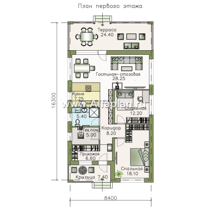«Каллиопа» - проект одноэтажного дома для узкого участка, 2 спальни, с террасой, в современном стиле - превью план дома
