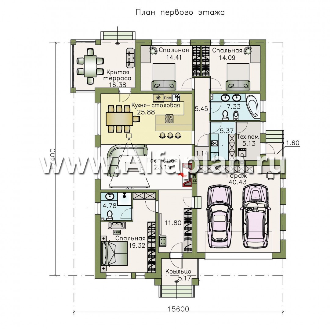 Проекты домов Альфаплан - «Днестр» - одноэтажный коттедж с большим гаражом и террасой - изображение плана проекта №1