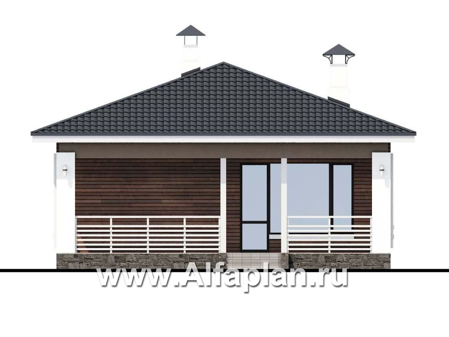 «Каллиопа» - проект одноэтажного дома для узкого участка, 3 спальни, с террасой, в современном стиле - фасад дома