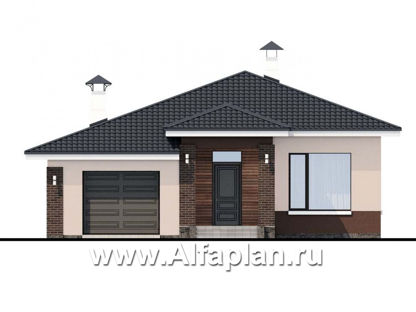 Проекты домов Альфаплан - «Каллиопа» - одноэтажный дом с террасой и гаражом (три спальни) - изображение фасада №1