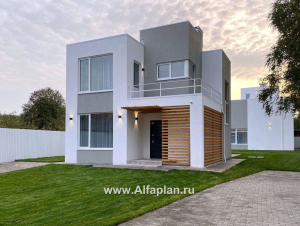 Проекты домов Альфаплан - «Арс» - проект двухэтажного дома с плоской кровлей, в стиле хай-тек, для узкого участка - превью основного изображения