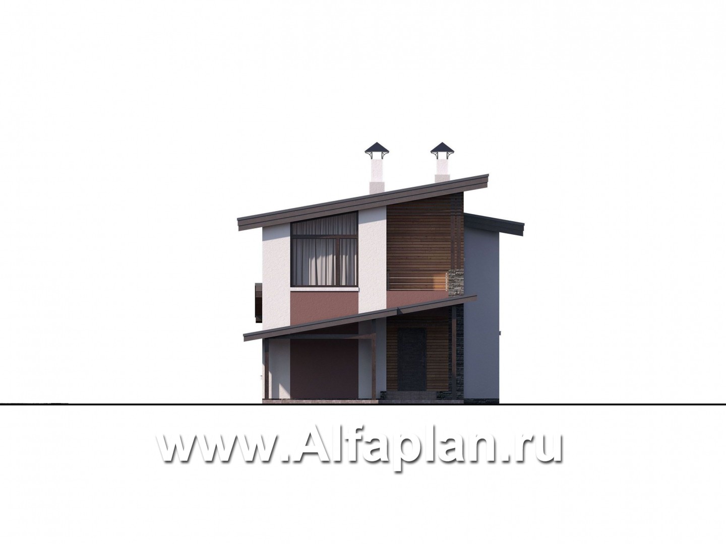 Проекты домов Альфаплан - «Арс» - проект двухэтажного дома, с террасой и с балконом,  для узкого участка, навес на 1 авто - изображение фасада №1