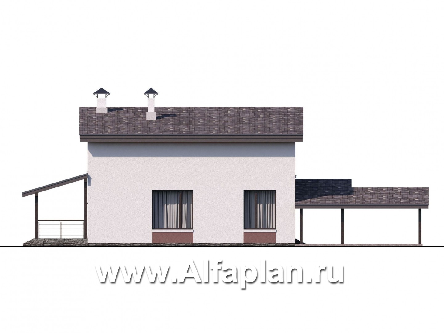 Проекты домов Альфаплан - «Арс» - проект двухэтажного дома, с террасой и с балконом,  для узкого участка, навес на 1 авто - изображение фасада №4