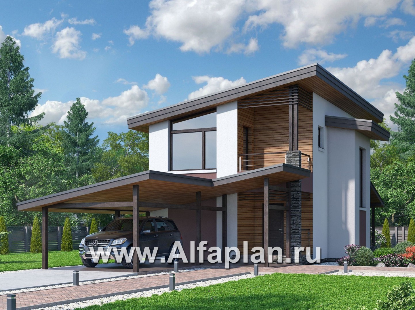 Проекты домов Альфаплан - «Арс» - проект двухэтажного дома, с террасой и с балконом,  для узкого участка, навес на 1 авто - основное изображение
