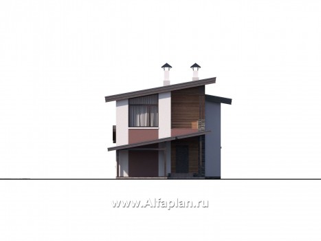 Проекты домов Альфаплан - «Арс» - проект двухэтажного дома, с террасой и с балконом,  для узкого участка, навес на 1 авто - превью фасада №1