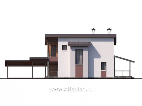 Проекты домов Альфаплан - «Арс» - проект двухэтажного дома, с террасой и с балконом,  для узкого участка, навес на 1 авто - превью фасада №2