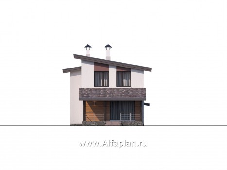 Проекты домов Альфаплан - «Арс» - проект двухэтажного дома, с террасой и с балконом,  для узкого участка, навес на 1 авто - превью фасада №3