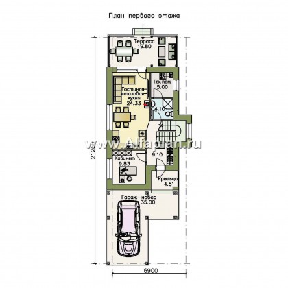 Проекты домов Альфаплан - «Арс» - проект двухэтажного дома, с террасой и с балконом,  для узкого участка, навес на 1 авто - превью плана проекта №1