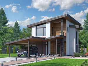 Проекты домов Альфаплан - «Арс» - проект двухэтажного дома, с террасой и с балконом,  для узкого участка, навес на 1 авто - превью основного изображения
