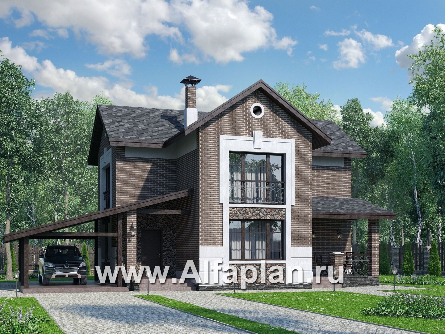 Проекты домов Альфаплан - «Каменка» - проект двухэтажного дома из газобетона, планировка с террасой и с гаражом-навесом - основное изображение