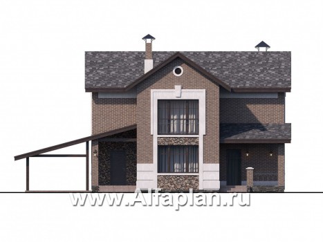 Проекты домов Альфаплан - «Каменка» - проект двухэтажного дома из газобетона, планировка с террасой и с гаражом-навесом - превью фасада №1
