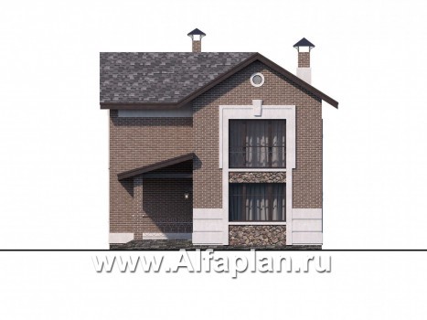 Проекты домов Альфаплан - «Каменка» - проект двухэтажного дома из газобетона, планировка с террасой и с гаражом-навесом - превью фасада №2