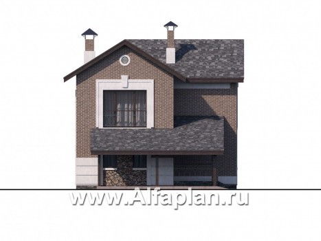 Проекты домов Альфаплан - «Каменка» - проект двухэтажного дома из газобетона, планировка с террасой и с гаражом-навесом - превью фасада №3