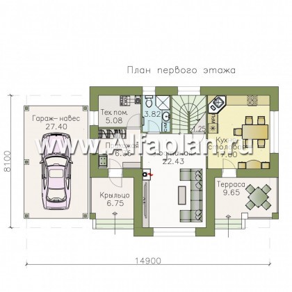 Проекты домов Альфаплан - «Каменка» - проект двухэтажного дома из газобетона, планировка с террасой и с гаражом-навесом - превью плана проекта №1