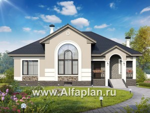 «Волга» - проект дома с мансардой, с террасой, планировка 3 жилых комнаты на 1 эт и второй свет в гостиной, с цокольным этажом