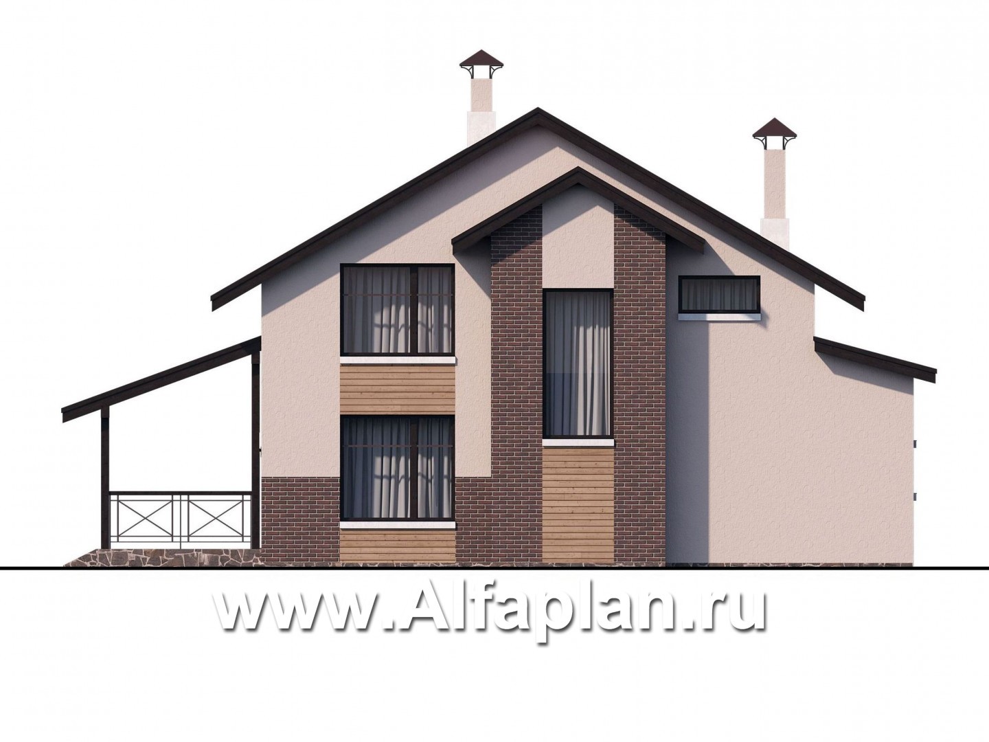 Проекты домов Альфаплан - "Аспект" - проект коттеджа с мансардой, кабинет на 1 эт и терраса, с двускатной кровлей - изображение фасада №4