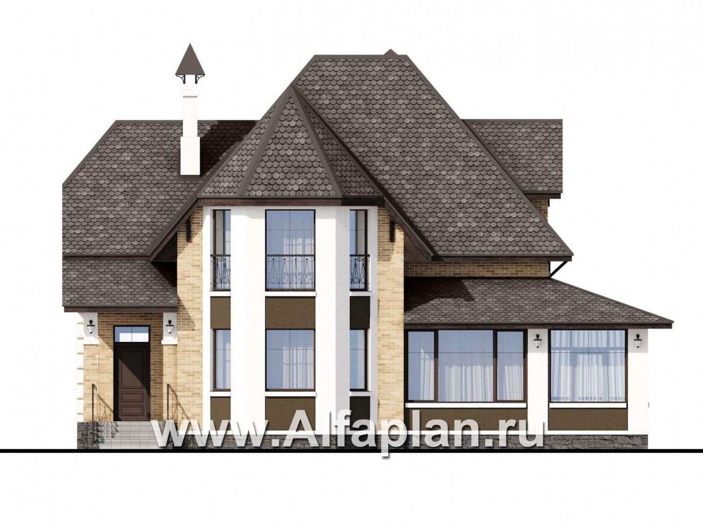 Проекты домов Альфаплан - «Клио» - классический коттедж с красивым эркером - изображение фасада №1