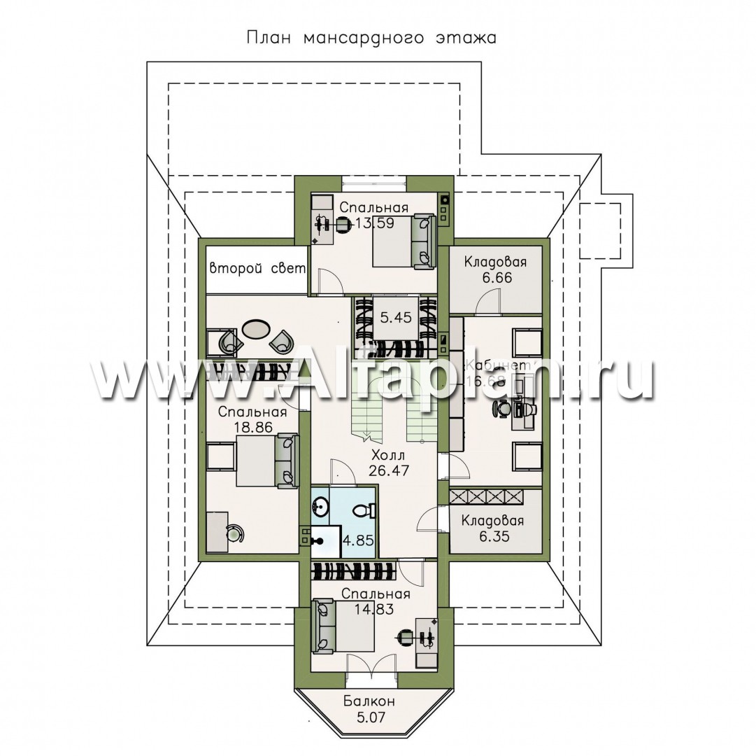 Проекты домов Альфаплан - «Валдай»- мансардный дом с красивым эркером и террасой - план проекта №2