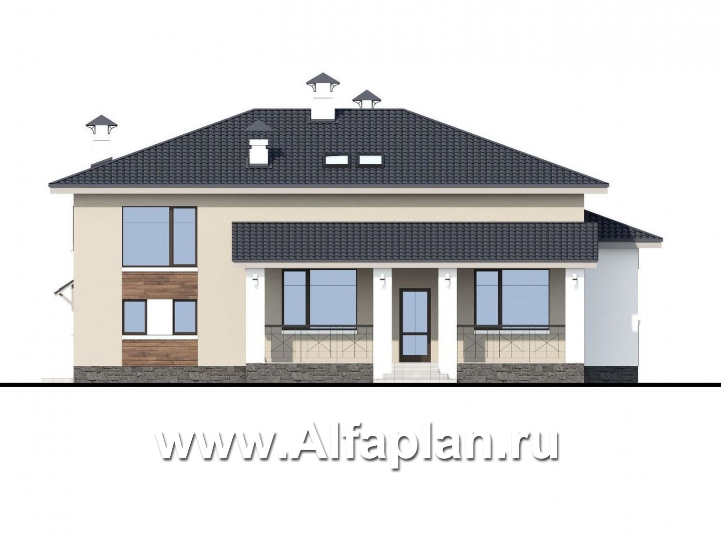 Проекты домов Альфаплан - «Мажестик» - современный коттедж в полтора этажа с гаражом - изображение фасада №4