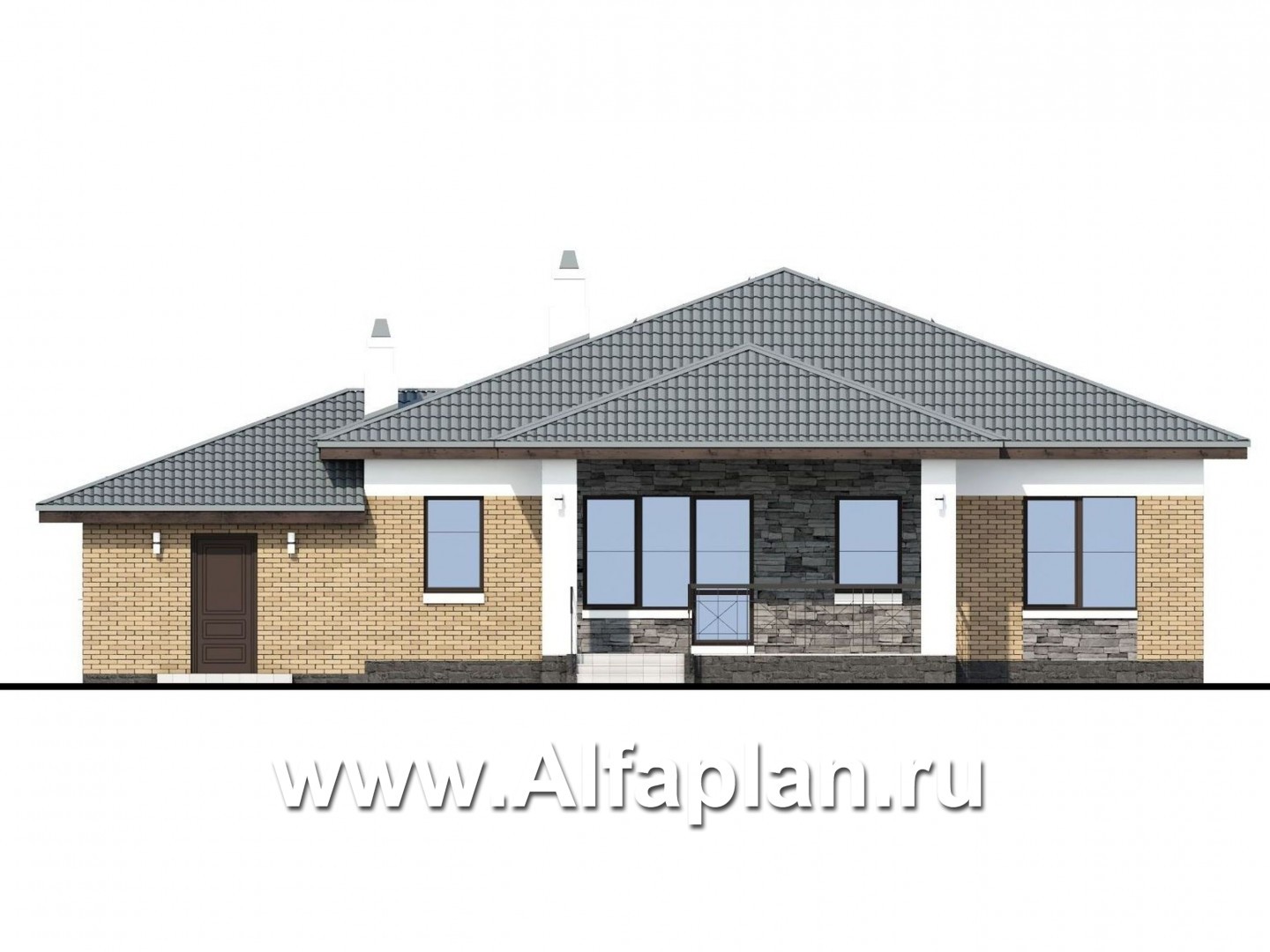 Проекты домов Альфаплан - Проект одноэтажного дома из кирпичей «Княженика», с гаражом - изображение фасада №4