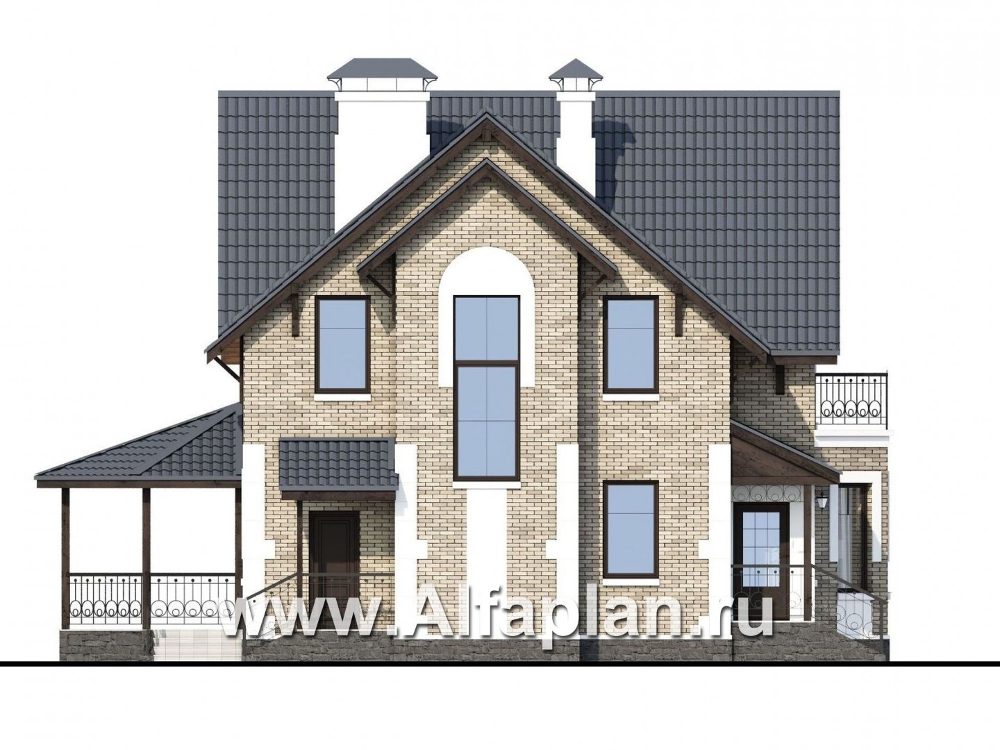 «Оптима» - проект красивого дома с мансардой, с эркером и с террасой - фасад дома