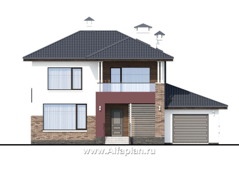Проекты домов Альфаплан - «Орбита» - проект двухэтажного дома, удобная планировка с террасой и с гаражом, в современном стиле - превью фасада №1