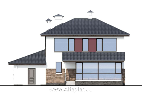 Проекты домов Альфаплан - «Орбита» - проект двухэтажного дома, удобная планировка с террасой и с гаражом, в современном стиле - превью фасада №4