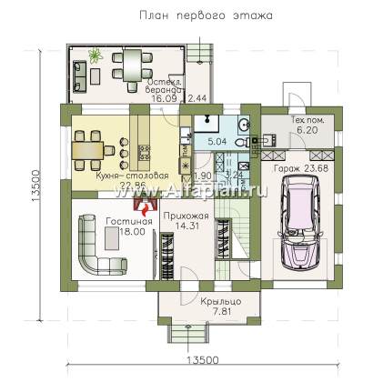 Проекты домов Альфаплан - «Орбита» - проект двухэтажного дома, удобная планировка с террасой и с гаражом, в современном стиле - превью плана проекта №1
