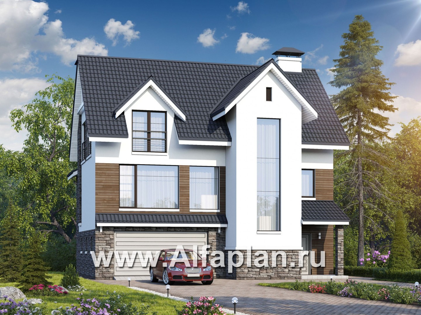 «Альпина» - проект двухэтажного дома, с мансардой и с гаражом на 2 авто в цоколе - основное изображение