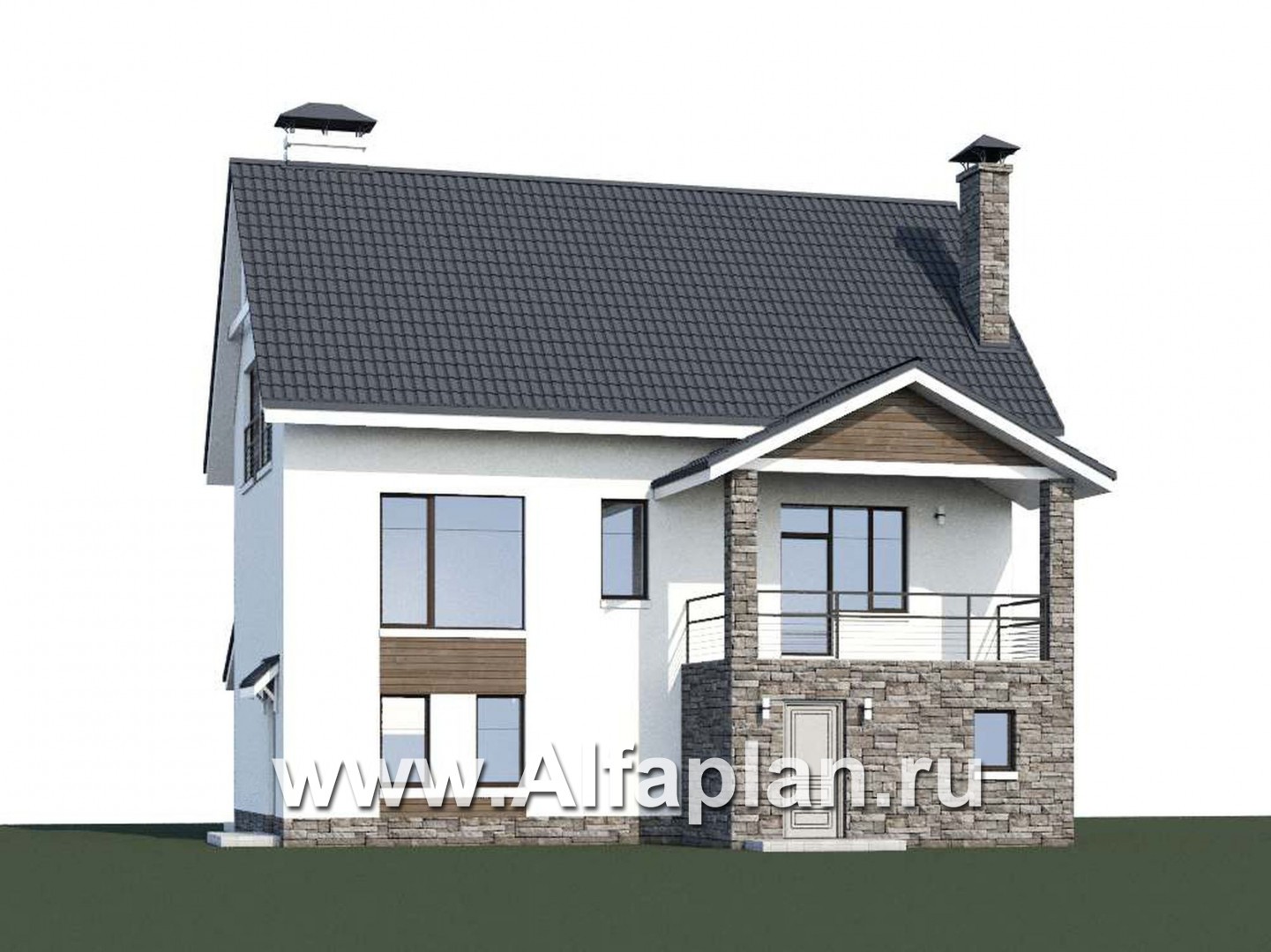 «Альпина» - проект двухэтажного дома, с мансардой и с гаражом на 2 авто в цоколе - дизайн дома №1