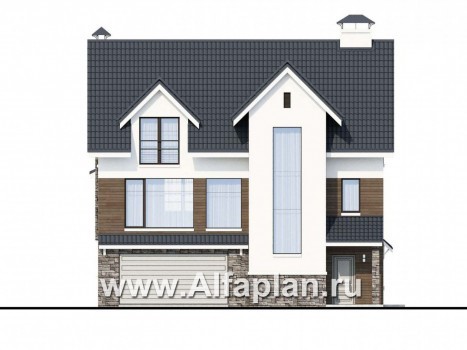 «Альпина» - проект двухэтажного дома, с мансардой и с гаражом на 2 авто в цоколе - превью фасада дома