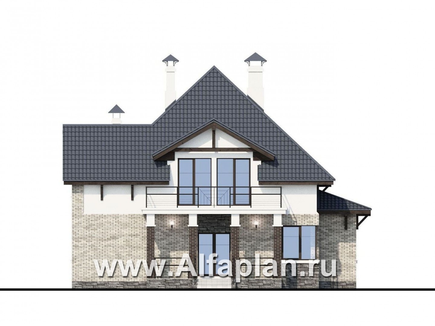 «Брилланте» - проект дома с мансардой, из кирпичей, с террасой и балконом, с пирамидальной кровлей - фасад дома