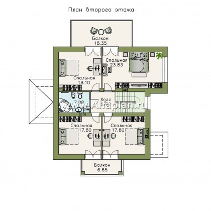 «Брилланте» - проект дома с мансардой, из кирпичей, с террасой и балконом, с пирамидальной кровлей - превью план дома