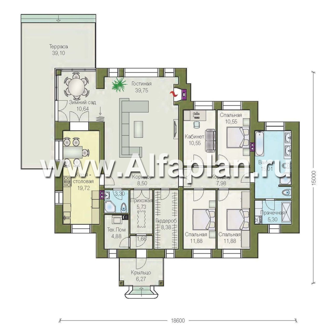 Проекты домов Альфаплан - «Поместье» - одноэтажный дом с удобной планировкой - изображение плана проекта №1