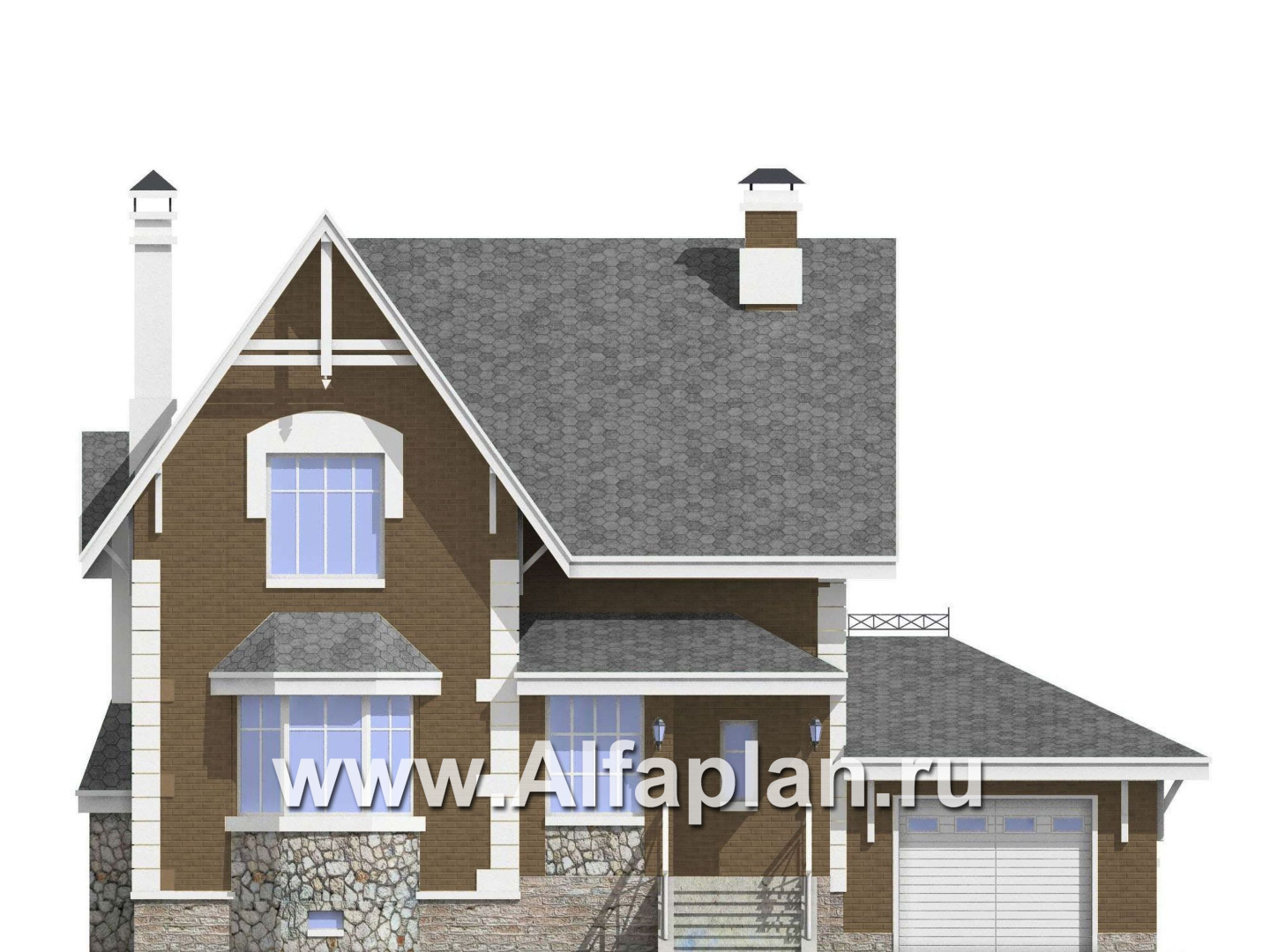 Проекты домов Альфаплан - «Ретростилиса Плюс» - удобный дом с цокольным этажом - изображение фасада №1