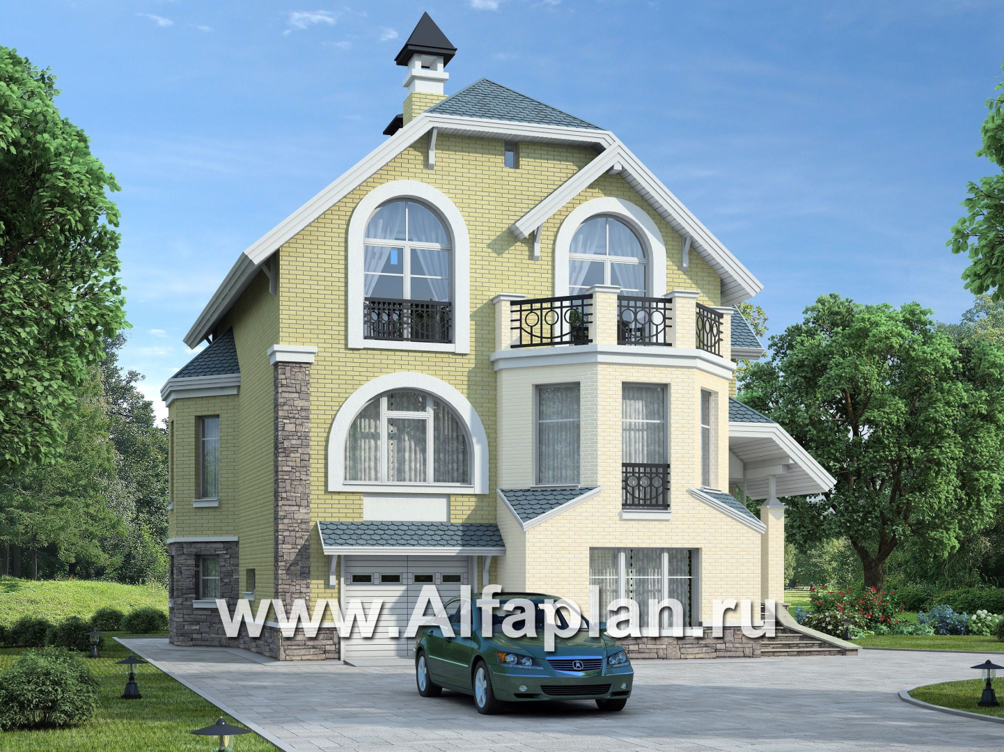 «Корвет» - проект трехэтажного дома, с гаражом на 1 авто и спортзалом в цоколе, с эркером - дизайн дома №1