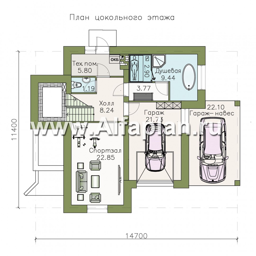 Проект трехэтажного дома из газобетона «Аура», с гаражом в цоколе, с сауной и спортзалом, с балконом и круглым окном - план дома