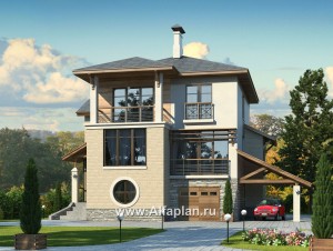 Проект трехэтажного дома из газобетона «Аура», с гаражом в цоколе, с сауной и спортзалом, с балконом и круглым окном