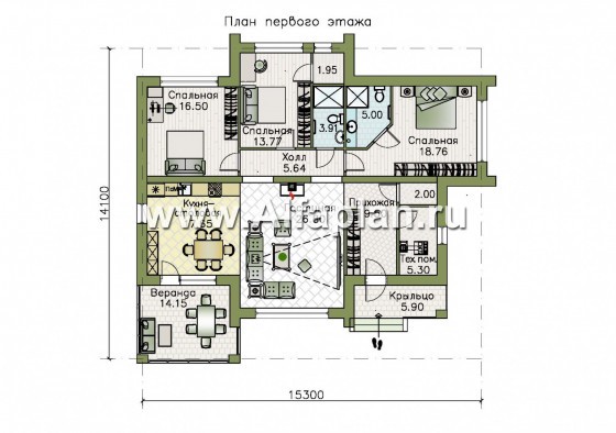 «Магнолия» — красивый проект одноэтажного дома, планировка 3 спальни, современный стиль, фасад из кирпича - превью план дома