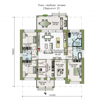 Проекты домов Альфаплан - «Зодиак» - одноэтажный коттедж с пятью жилыми комнатами - превью плана проекта №2