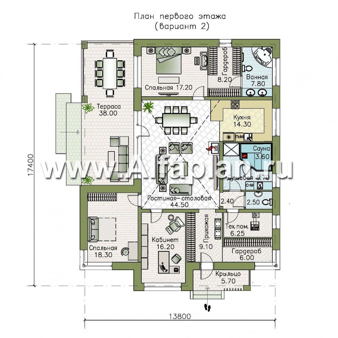 Проекты домов Альфаплан - «Ангара» - стильный одноэтажный коттедж с террасой - изображение плана проекта №2