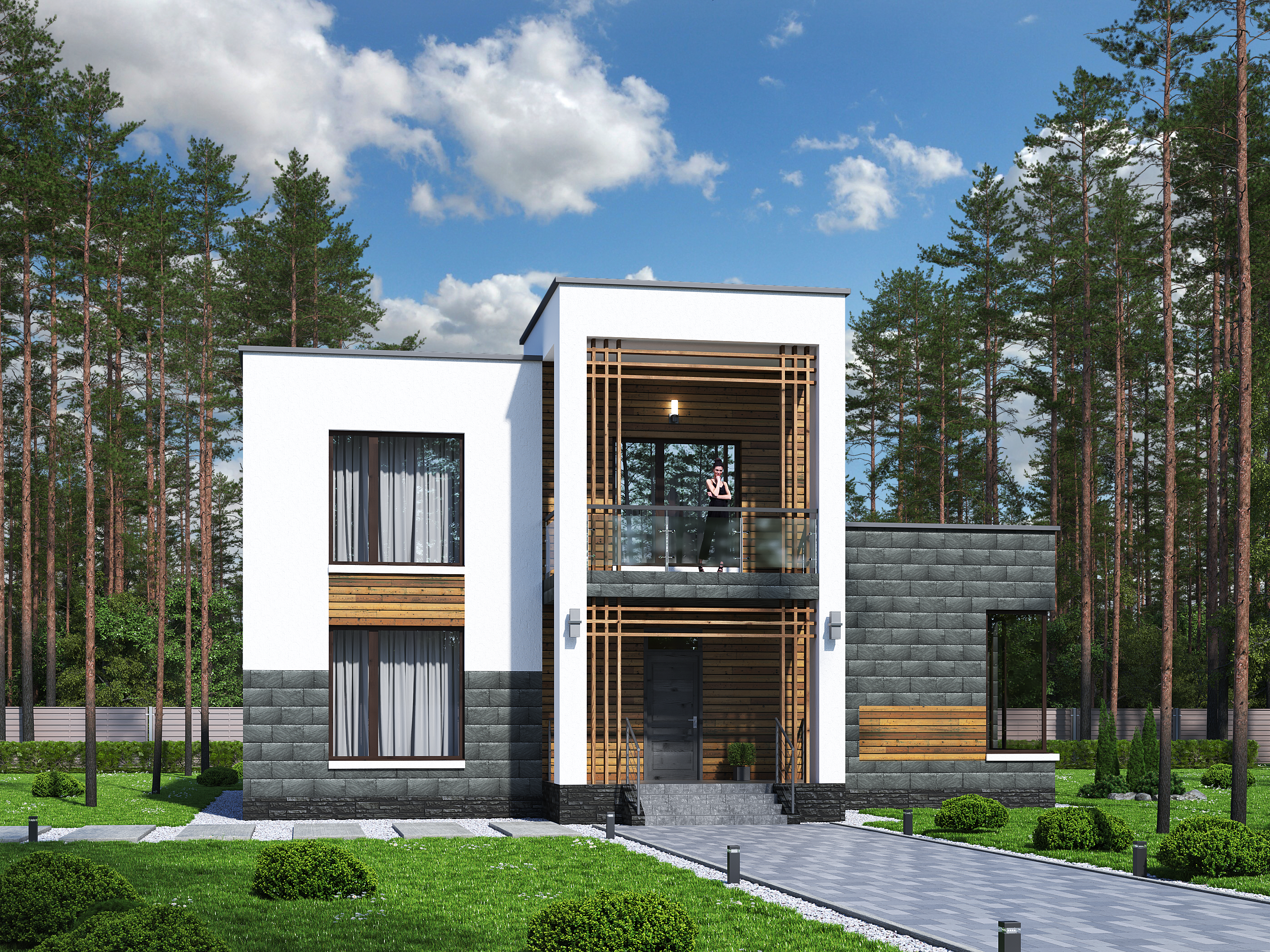 Превью проекта ««Футура» - современный двухэтажный дом, с террасой и с плоской крышей, в стиле минимализм»