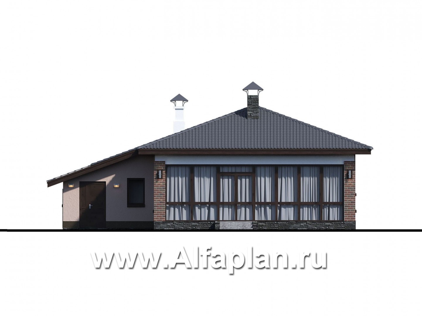 Проекты домов Альфаплан - «Калиопа» -одноэтажный дом с большим гаражом и остекленной верандой - изображение фасада №1